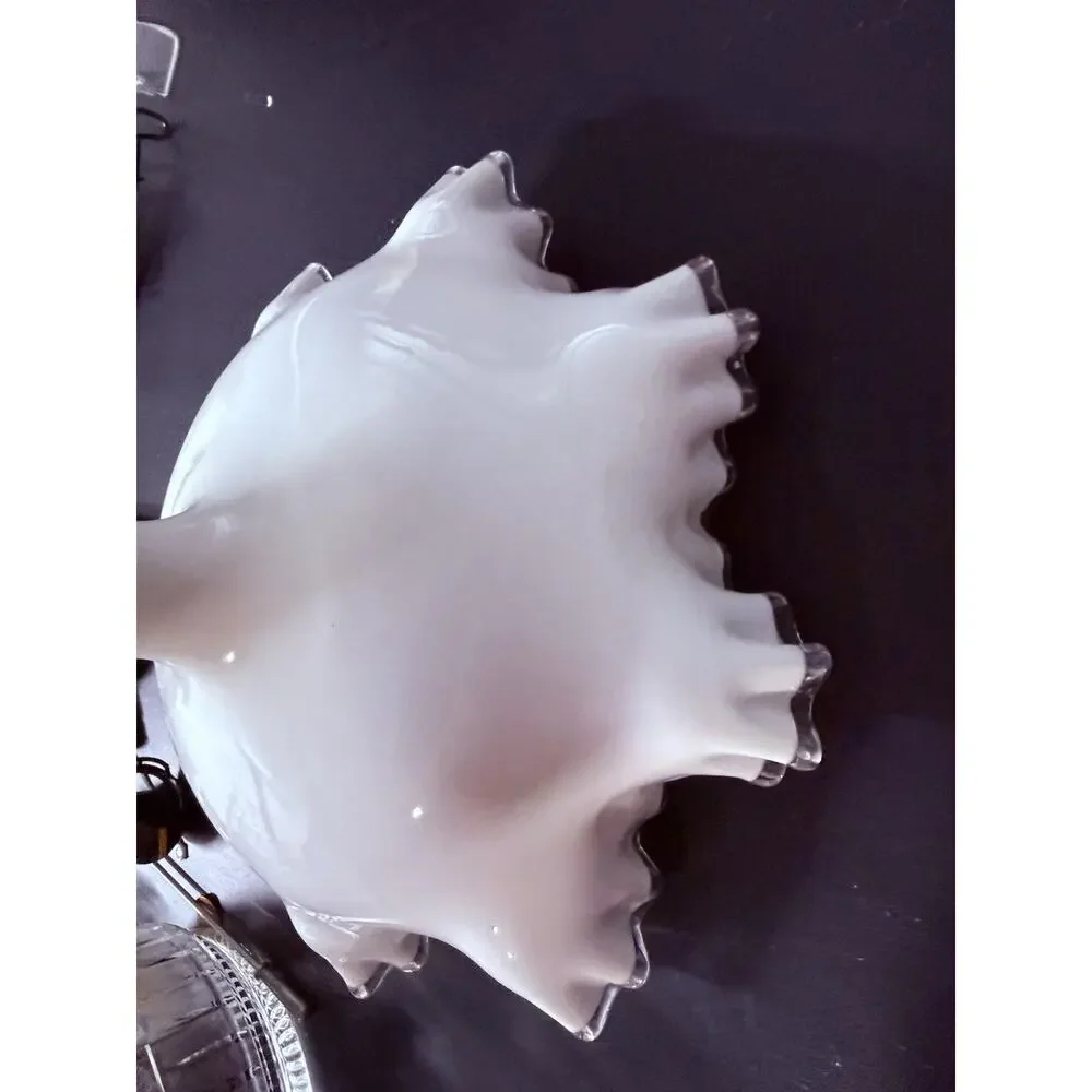 Fenton Silver Crest Milk Glass Pedestal Compote Bowl Ruffled Edge Vintage